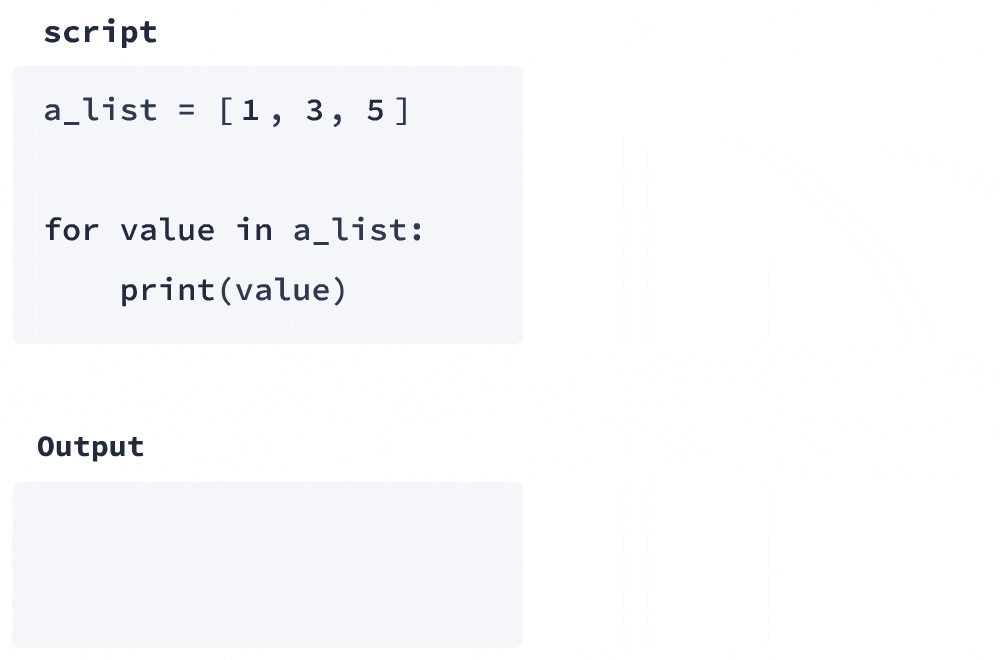 Animation showing how a Python for loop updates with each iteration.