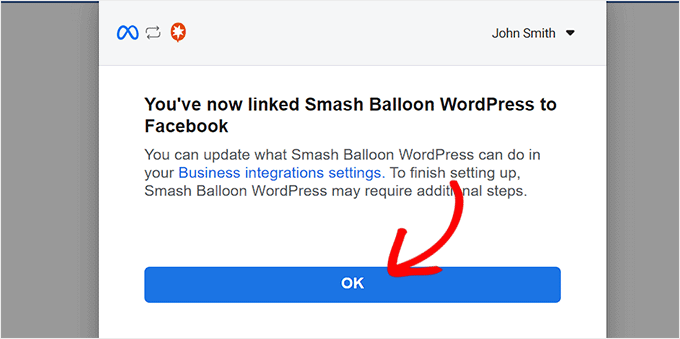 Click the OK button after connecting Smash Balloon with Facebook Click the OK button after connecting Smash Balloon with Facebook