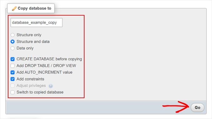 The 'Copy database to' section on phpMyAdmin The 'Copy database to' section on phpMyAdmin