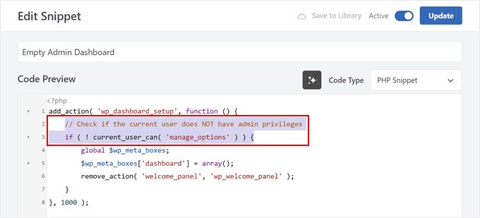 Adding a line of code to empty the admin dashboard for non-admin users, using WPCode Adding a line of code to empty the admin dashboard for non-admin users, using WPCode