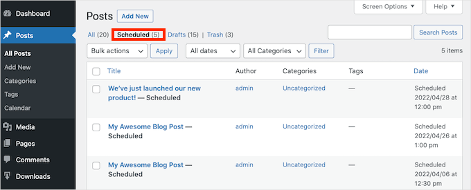 The Scheduled tab, in the WordPress dashboard. The Scheduled tab, in the WordPress dashboard.