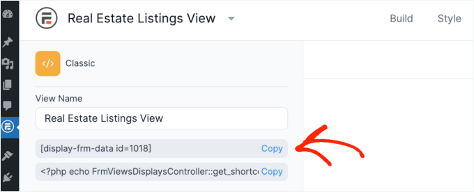 Copying the shortcode for a Formidable Forms view